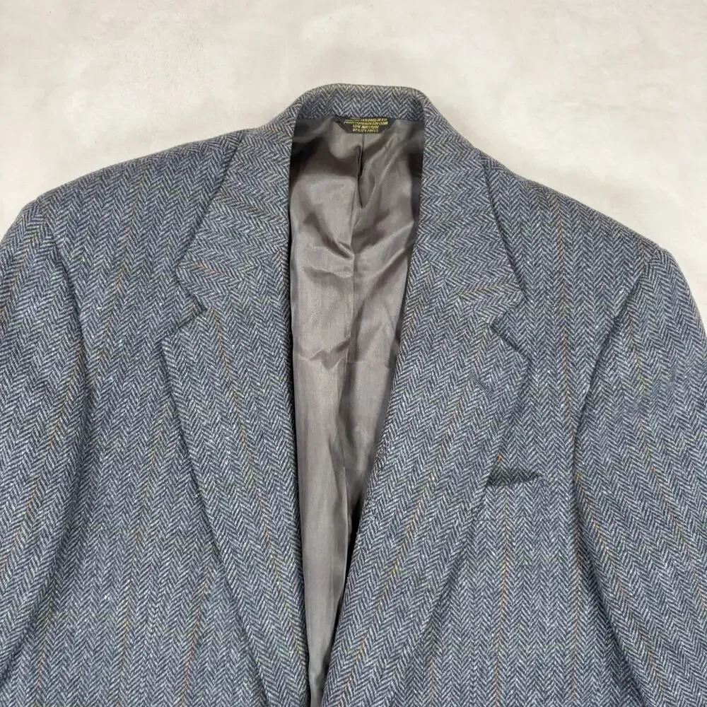 College Town Clothes Mens Wool Blazer Gray Herringbone Plaid Sport Coat Vintage